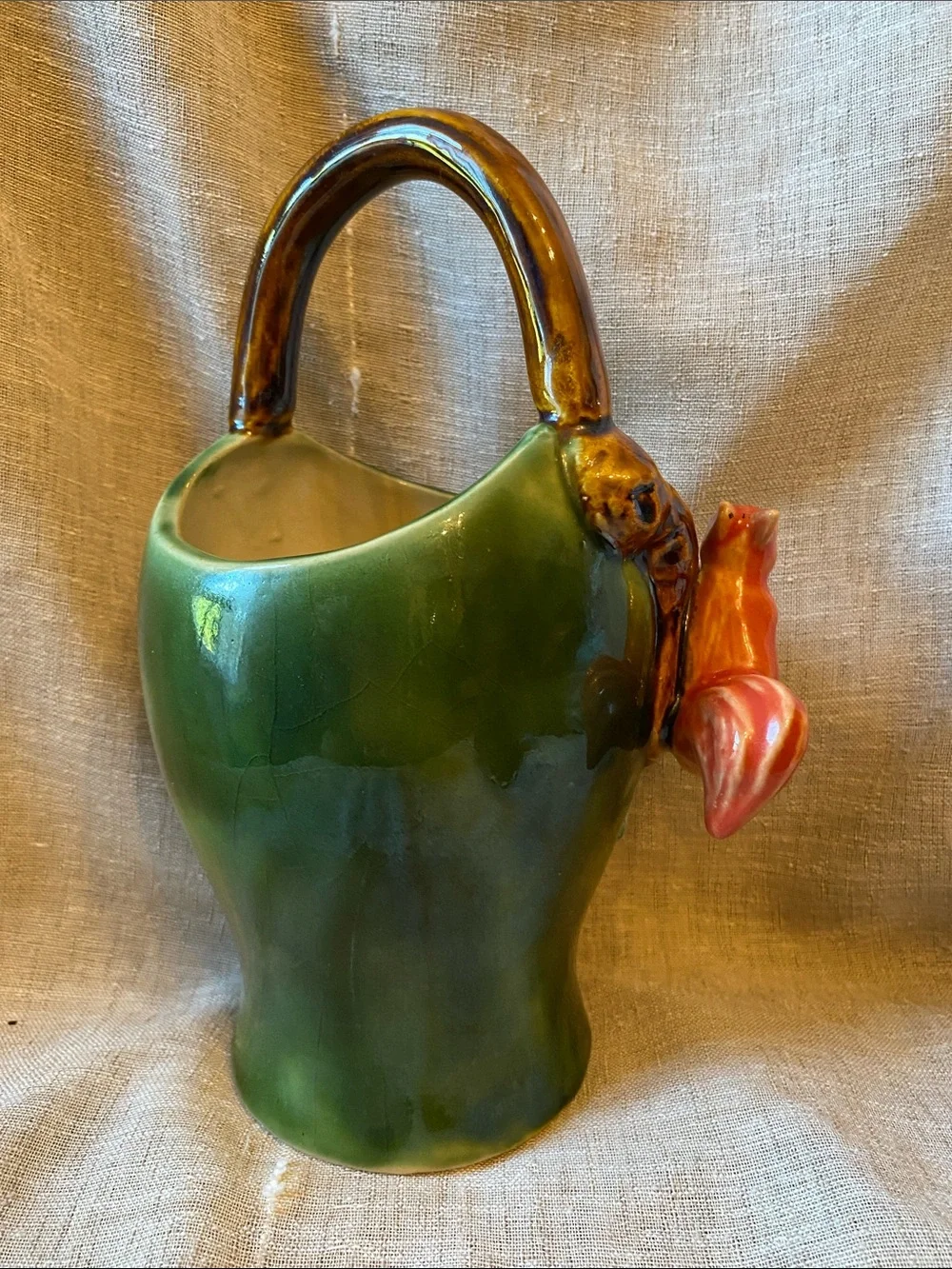 Green Ceramic Squirrel Majolica style Basket Vase with Blue Berry Accents